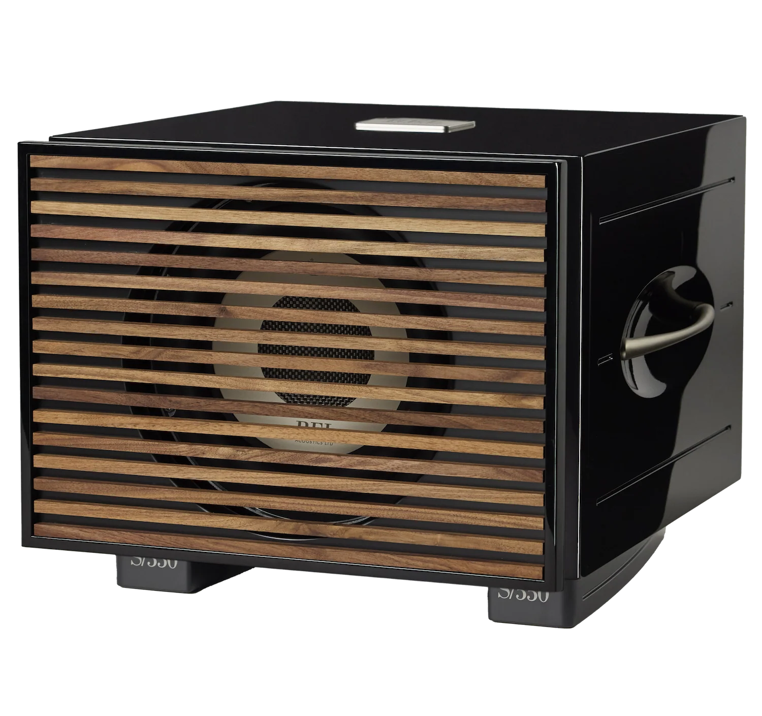REL S550_Black_Three-Quarter_Wood-Grill